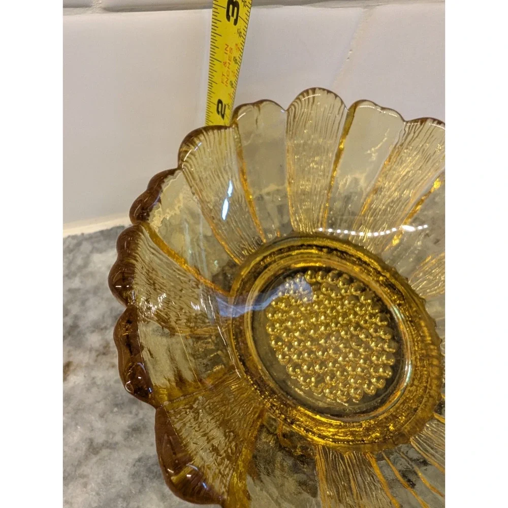 Engraved‎ Vintage Amber Glass Flower Silver Metal Pedestal Trinket Dish
